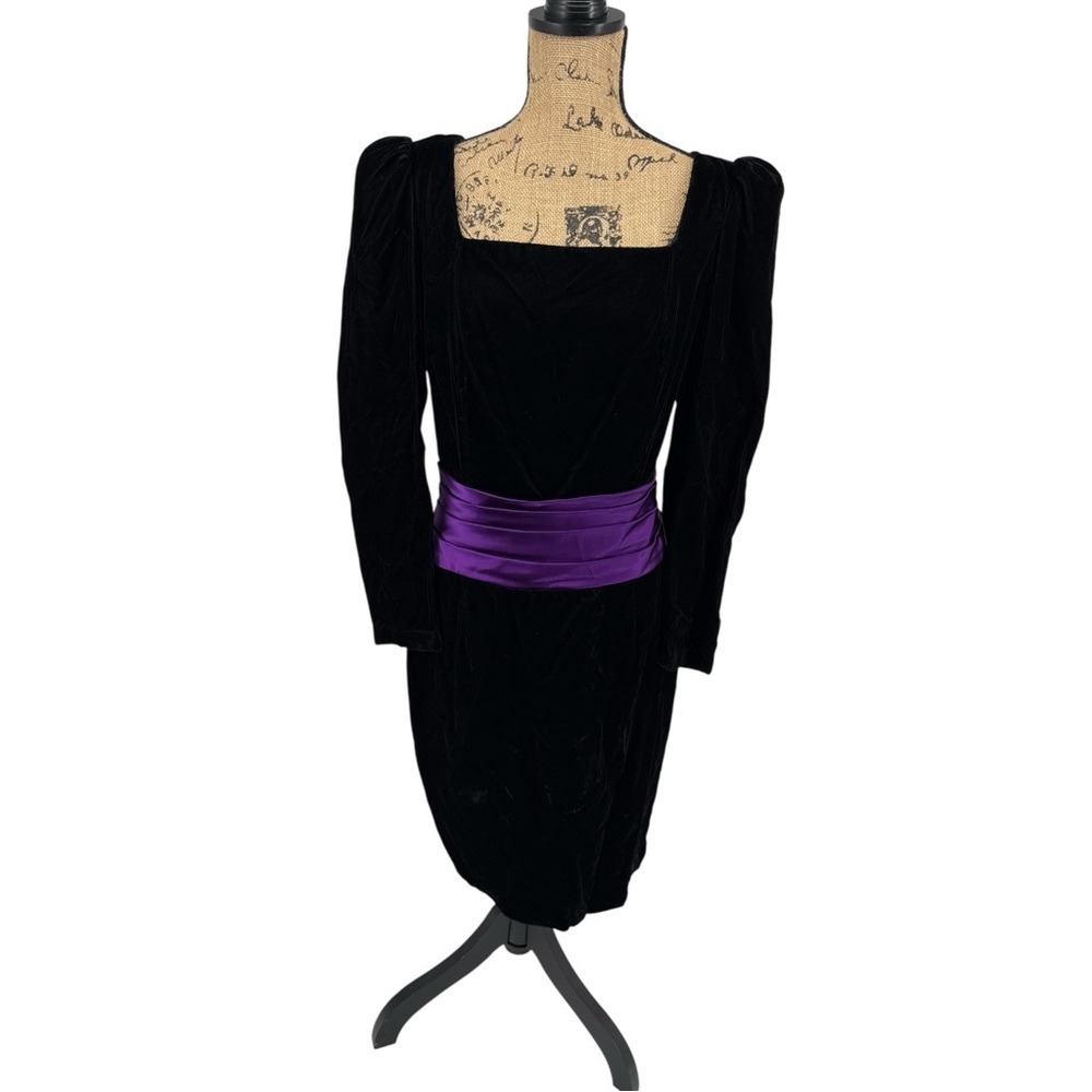 Jessica McClintock Gunne Sax Dress 11/12 Black Velvet Purple Satin 80s HCO Prom